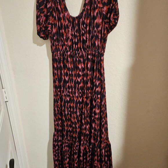 By Anthropologie V-Neck Printed Maxi Dress purple button front ruched size large - Picture 5 of 12